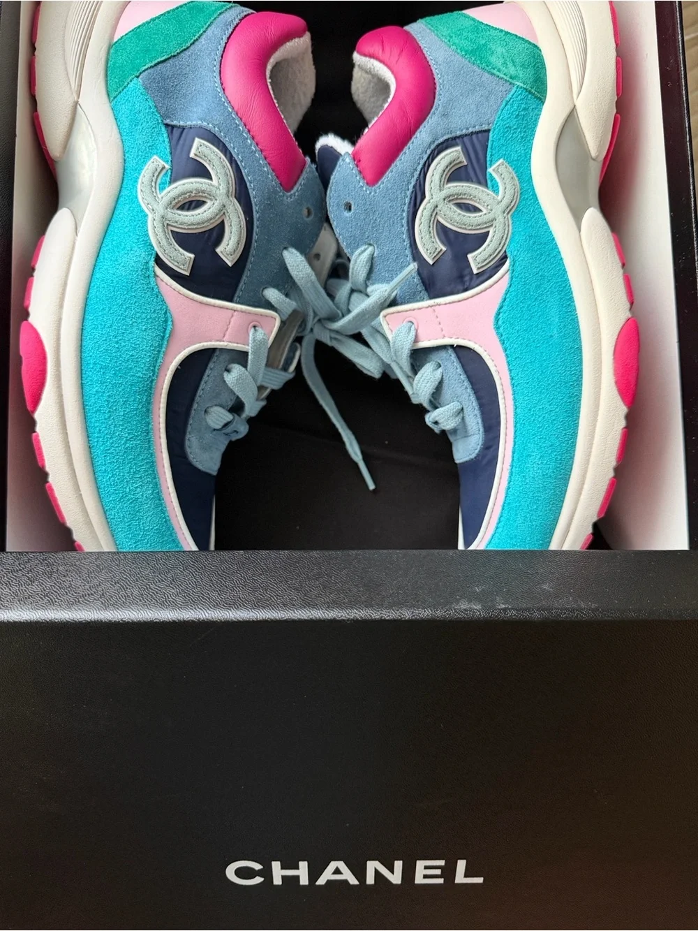 CHANEL Turquoise, Navy & Pink Suede Leather CC Logo Sneakers
