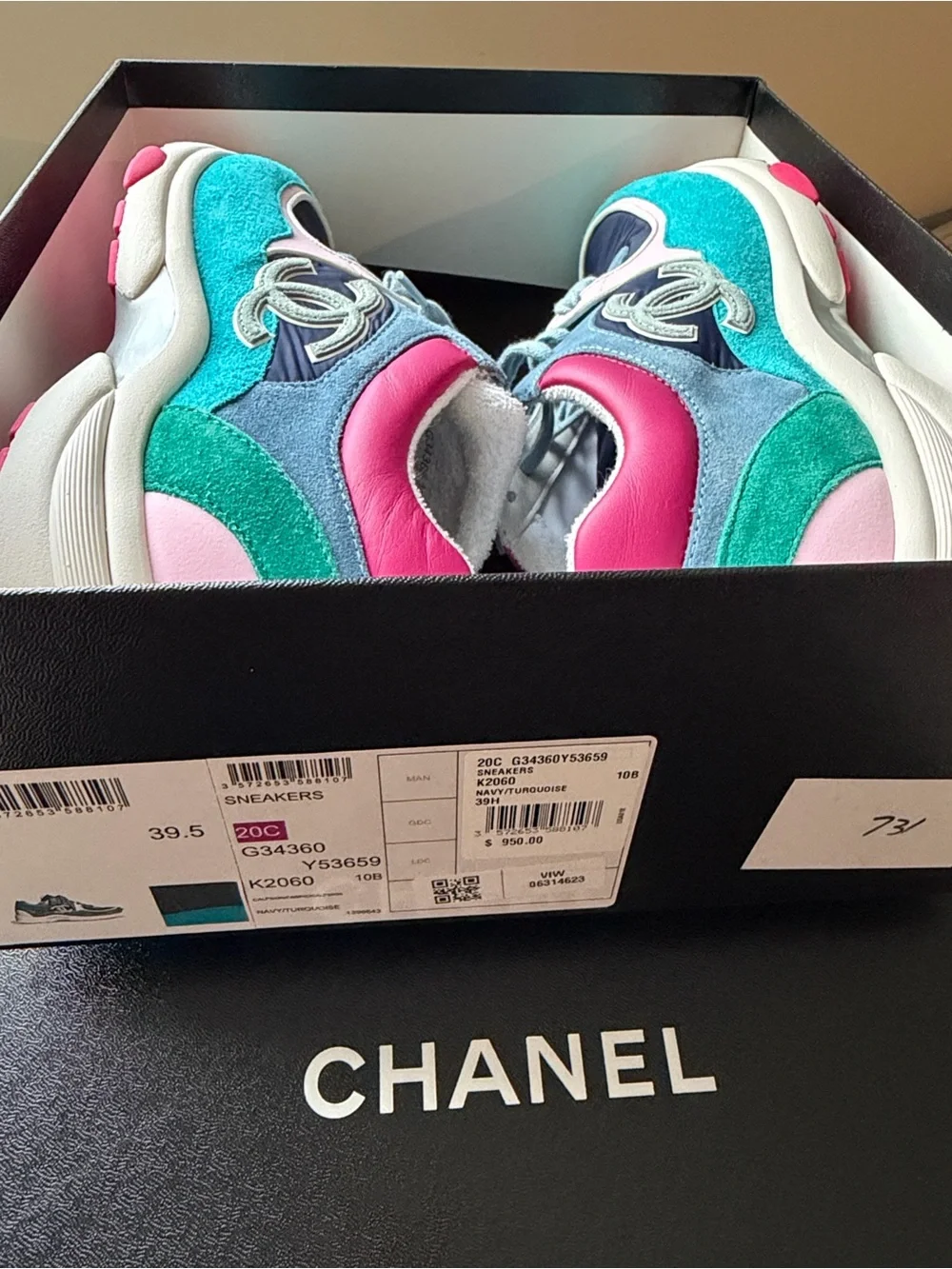 CHANEL Turquoise, Navy & Pink Suede Leather CC Logo Sneakers