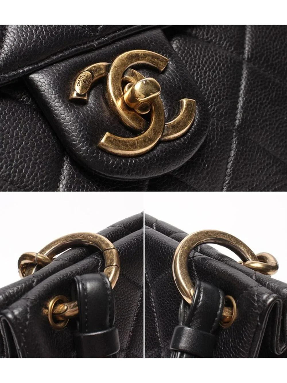 Chanel 2-Way Chain Shoulder Bag Gold Quilted Caviar Leather