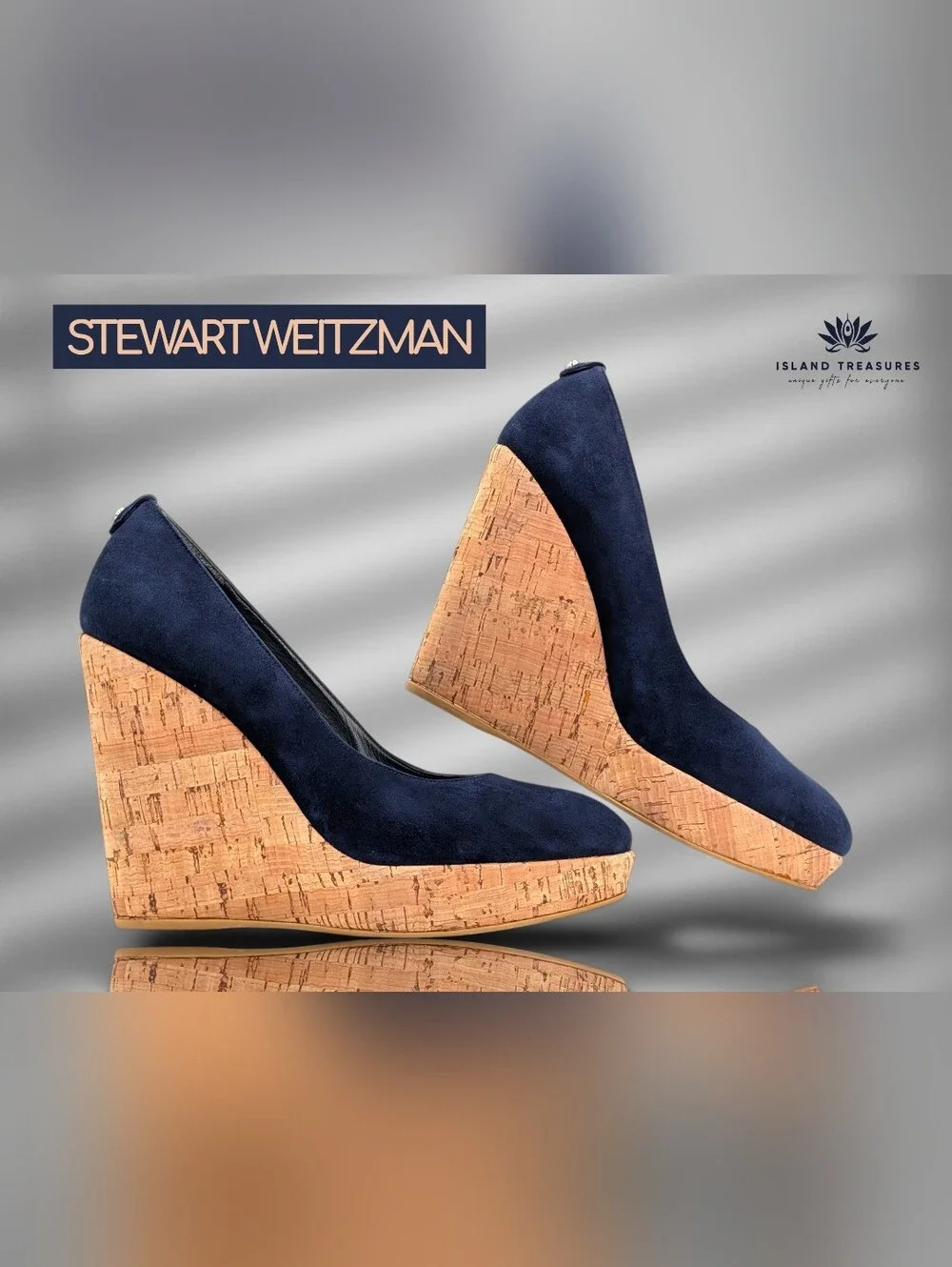 Stuart Weitzman Size 11 N Corkswoon Navy Blue Genuine Suede Cork Wedge Pump Heel