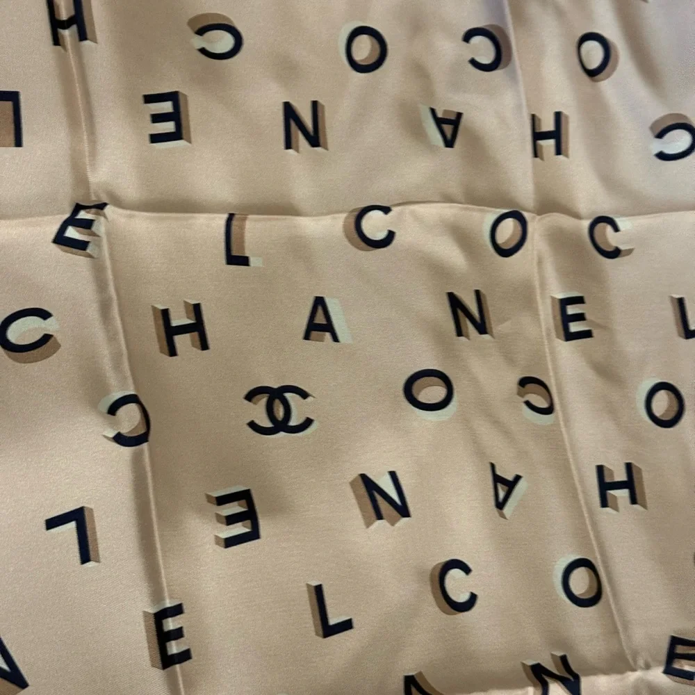 CHANEL Pink and Blue Logo Print Silk Scarf