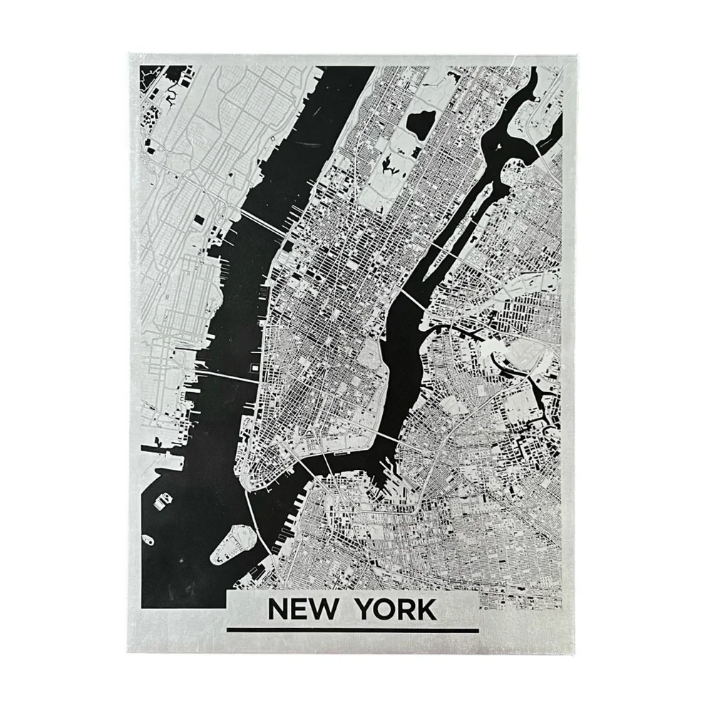 New York Silver Metallic Map Canvas Wall Art