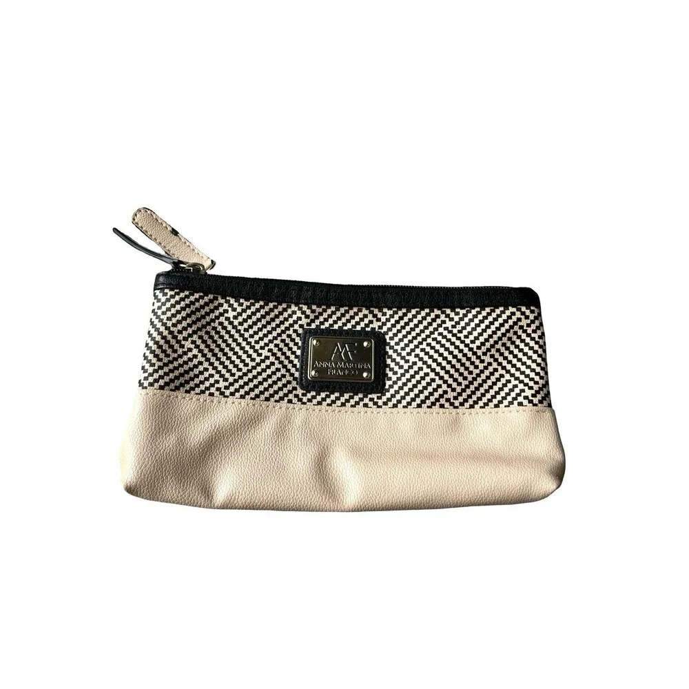 Anna Martina Franco Cosmetic Bag Makeup Pouch Travel Organizer Beige Black Zip