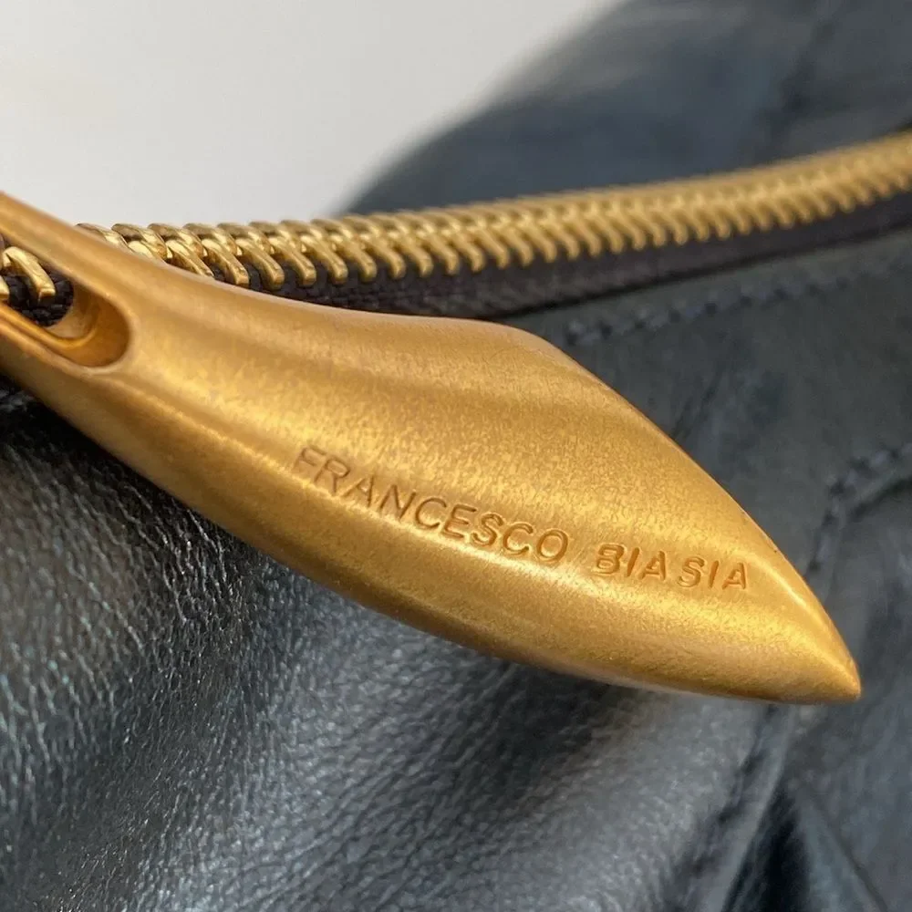 Francisco Biasia Elegant Navy Leather Hobo Bag Gold Tone Hardware Made in Italy