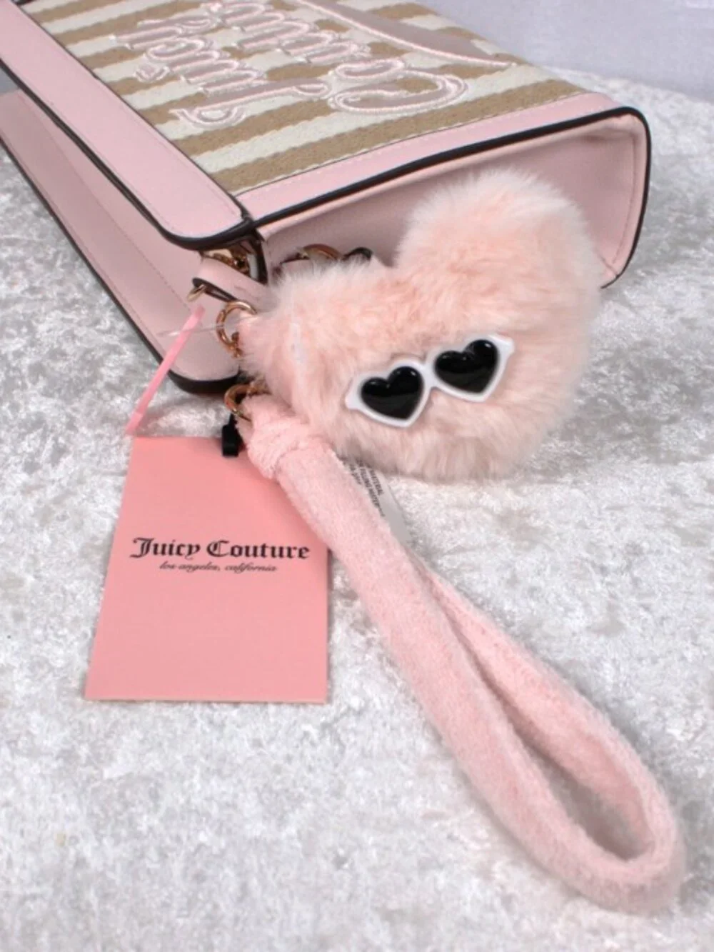 Juicy Couture Free To Be Juicy Wristlet Clutch Sandstone Stripe NWT Heart Charm