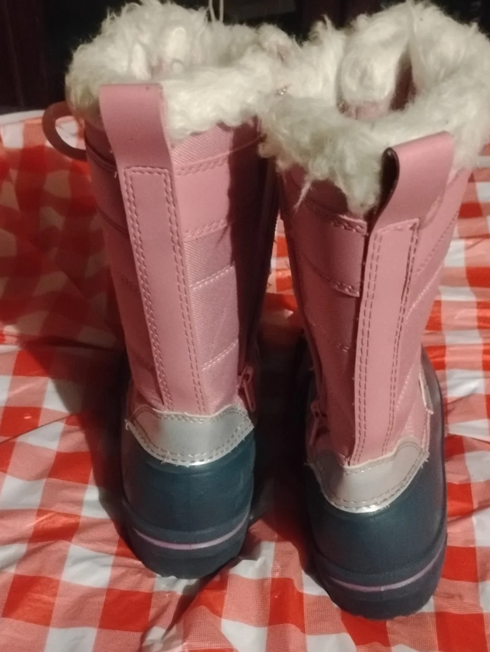 Pink and Navy Girls' Winter Snow Boots with Faux Fur Trim