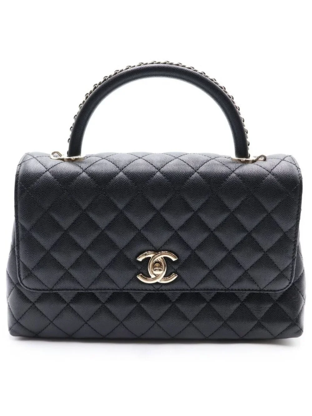 Chanel Coco Handle Turnlock 2-Way Chain Shoulder Bag Black Caviar Leather Gold