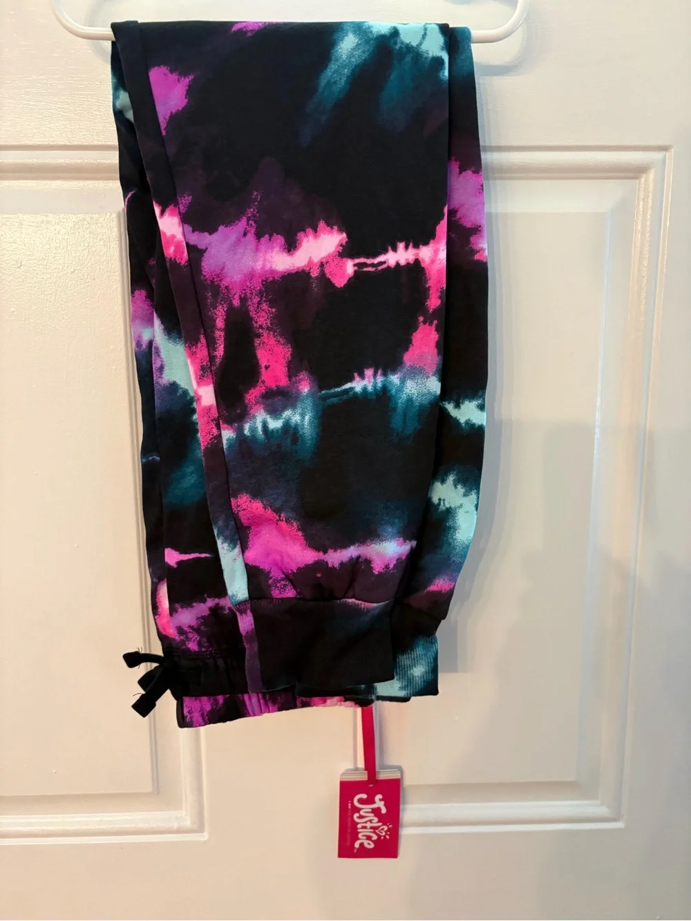 Justice Black Tie-Dye Joggers with Pink & Teal Accents