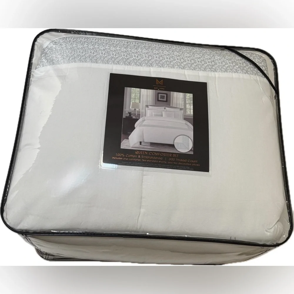 NEW! COMFORTER SET 100% COTTON MANOR HOTEL WHITE FROSTED BLUE SKY QUEEN 5 PIECES