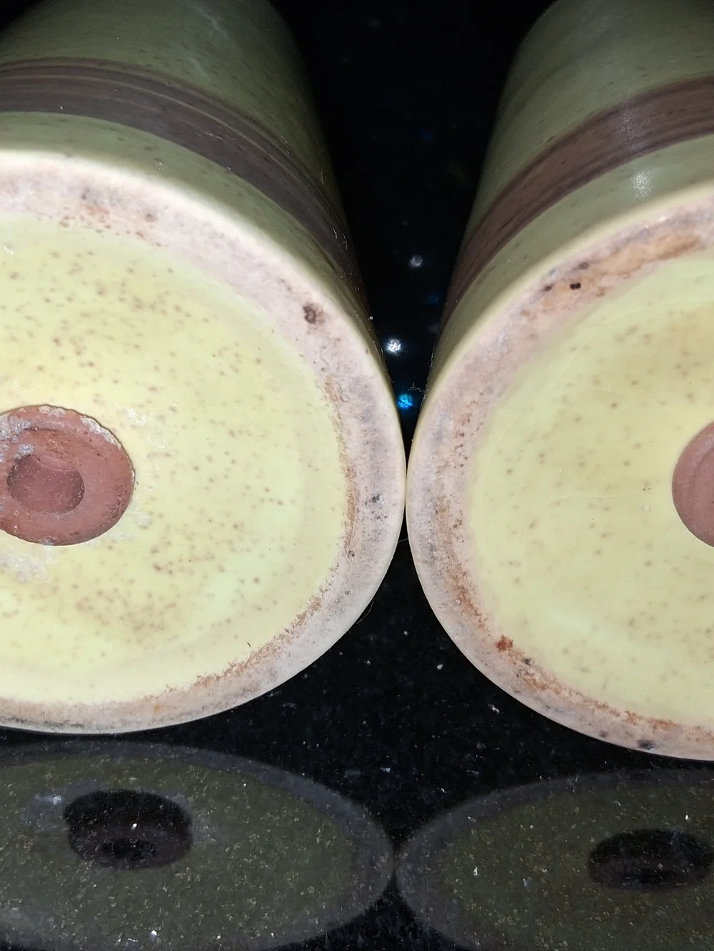 Speckled Beige Ceramic Salt and Pepper Shakers with Brown Band