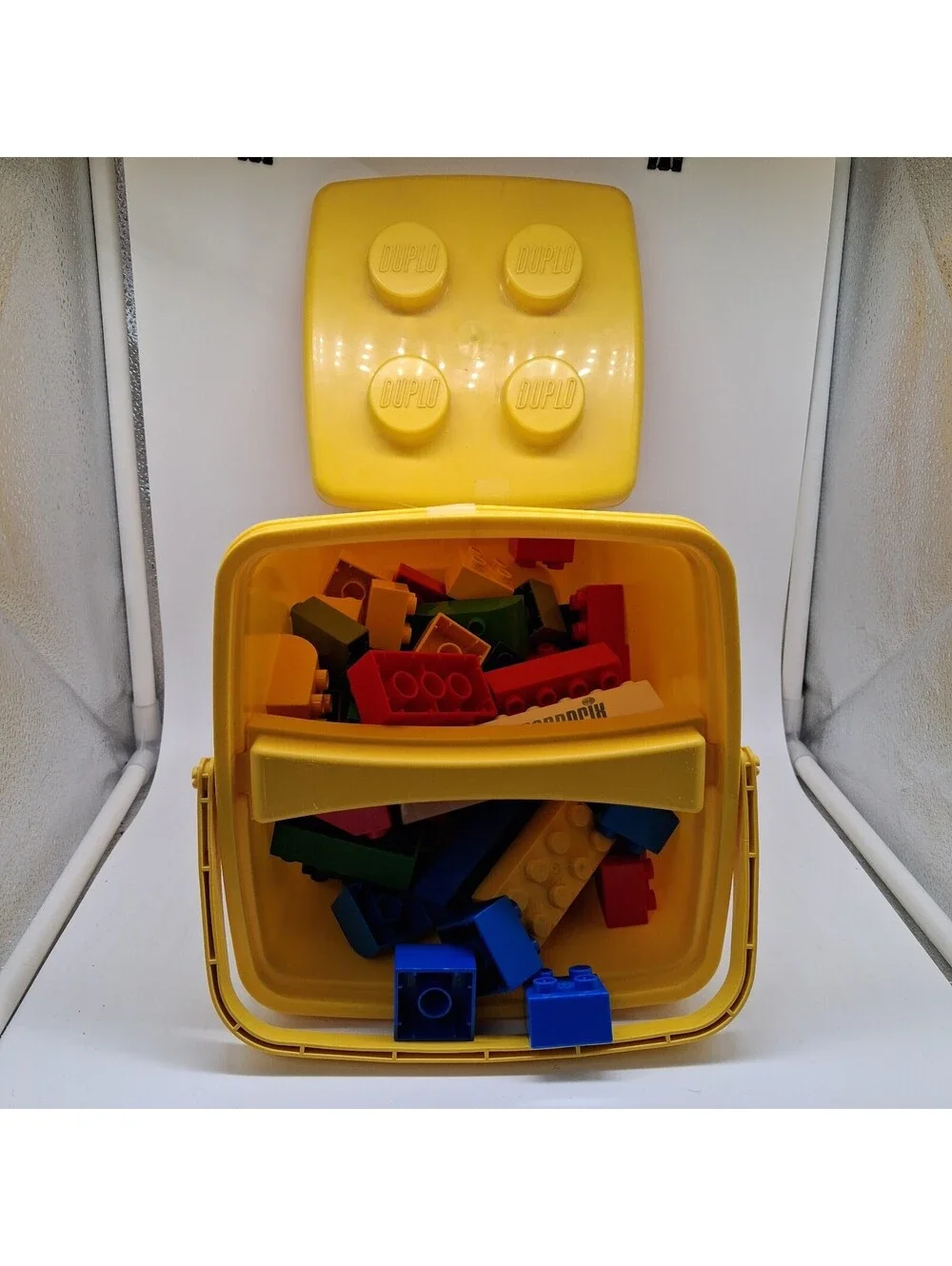 LEGO DUPLO Yellow Storage Carry Case Bin w/ 74 Assorted Building Blocks Bricks