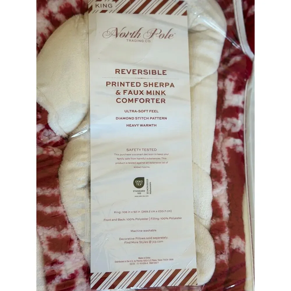 North Pole Trading Co. Reversible Printed Sherpa & Faux Mink Comforter KING Red