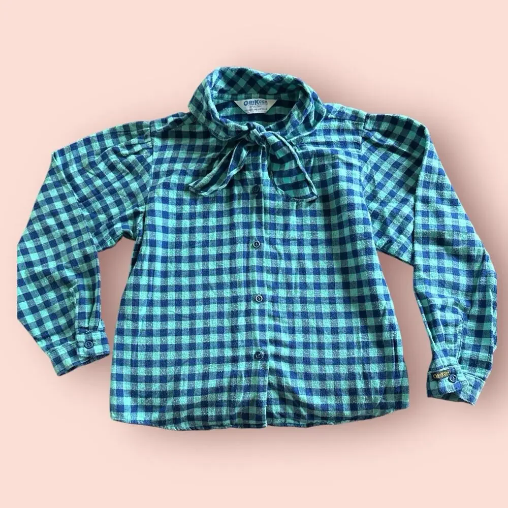 Vtg OshKosh B'Gosh Plaid Flannel Top Shirt Teal Girls Sz 12/14 Large Ascot Blue