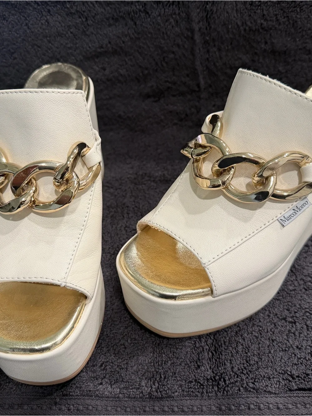 MarcoMareo White Platform Wedge Sandals with Gold Chain Accent Size 7.5