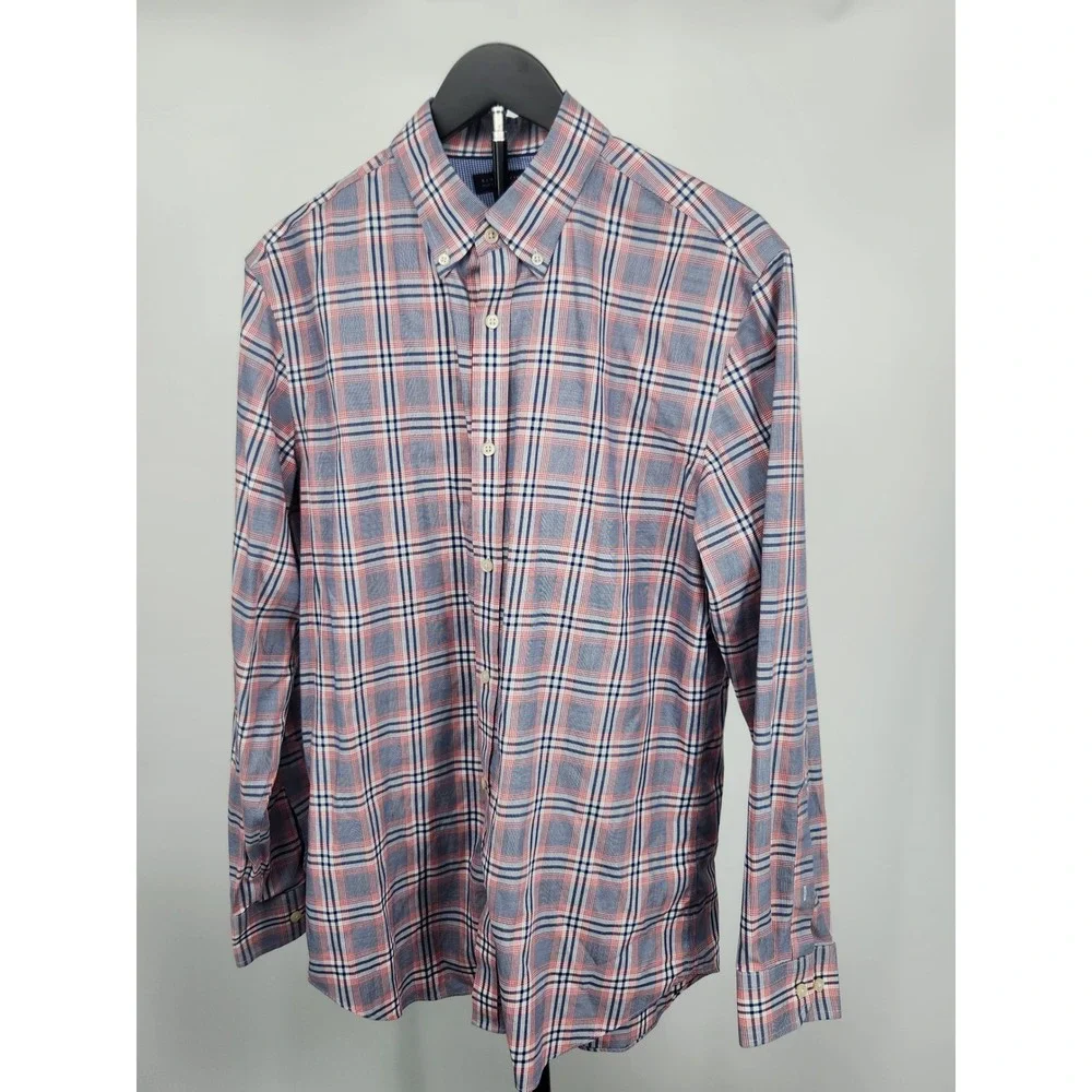 Banana Republic Non-Iron Tailored Slim Fit Plaid Button Down Shirt Blue Red L