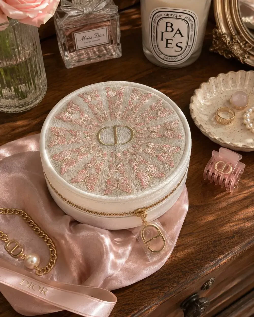 NWT Dior Pink Butterfly Round Mesh Vanity Jewelry Case Pouch