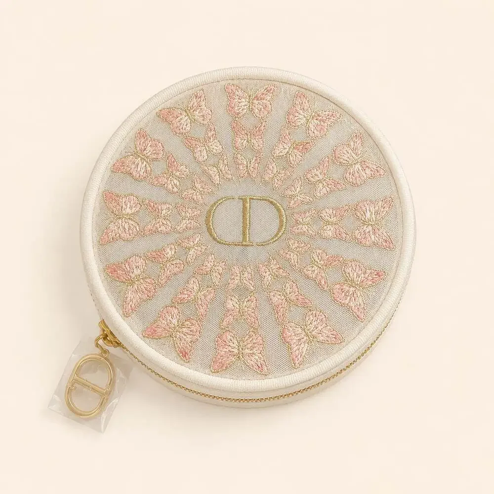 NWT Dior Pink Butterfly Round Mesh Vanity Jewelry Case Pouch