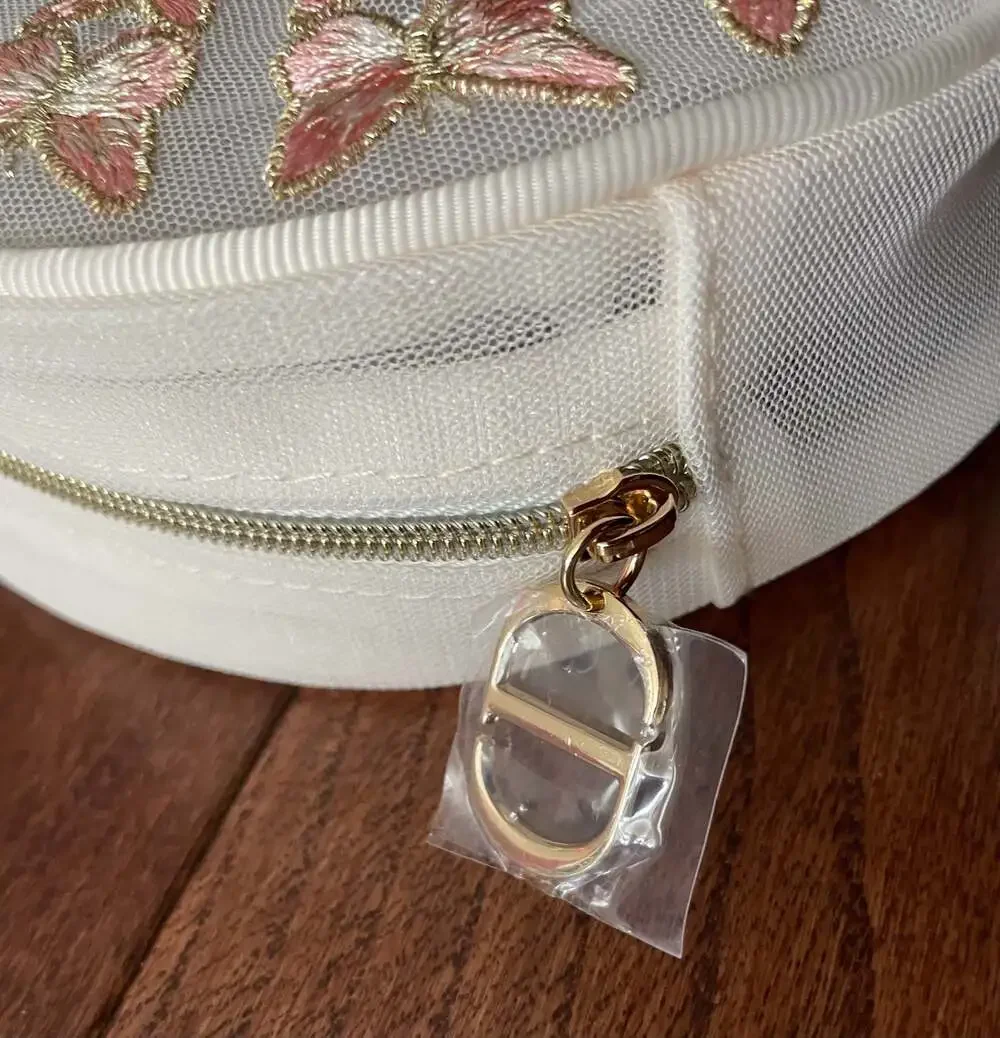 NWT Dior Pink Butterfly Round Mesh Vanity Jewelry Case Pouch