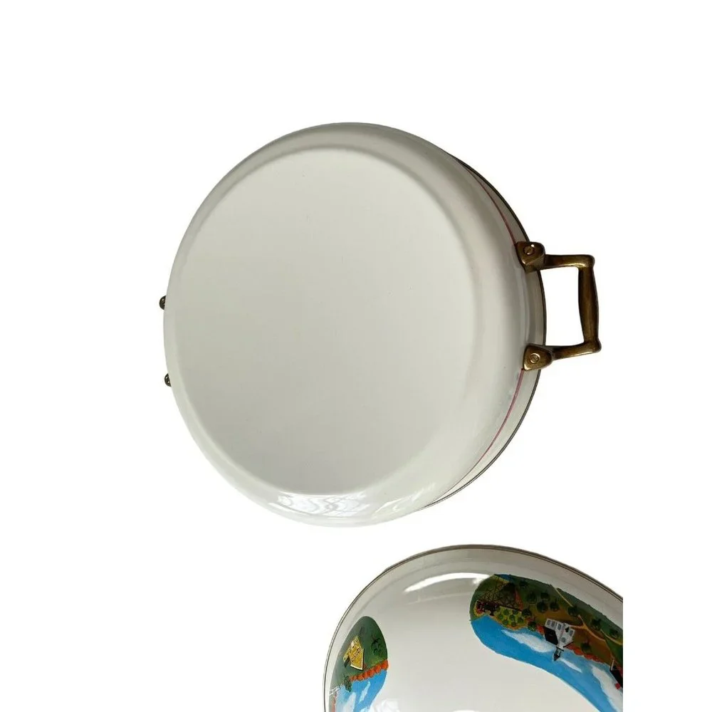 VINTAGE Enamelware RARE VILLAGE SCENE‎ Brass Handles new