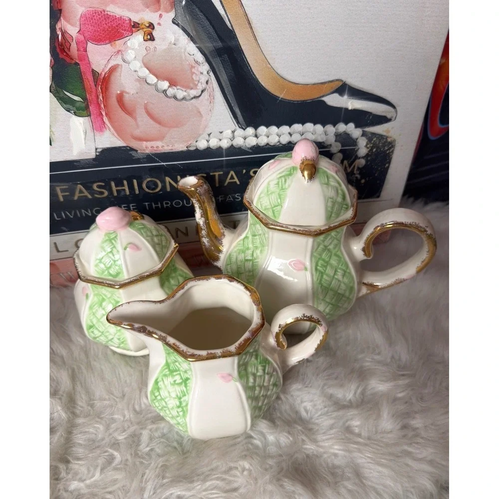 Vintage 1982 M Kennedy Ceramic Tea Set Green Lattice Pink Floral Gold Trim 3pc