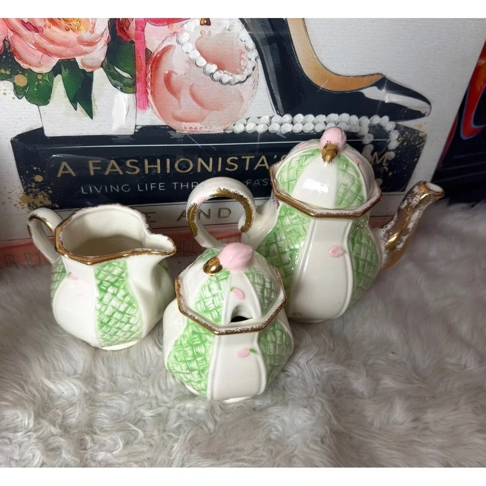 Vintage 1982 M Kennedy Ceramic Tea Set Green Lattice Pink Floral Gold Trim 3pc