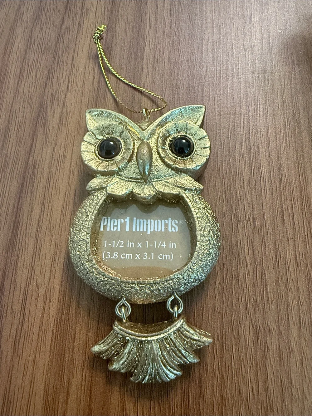 New Pier 1 Gold Owl Mini Photo Frame Ornament Metal Tassel Feet NWOT