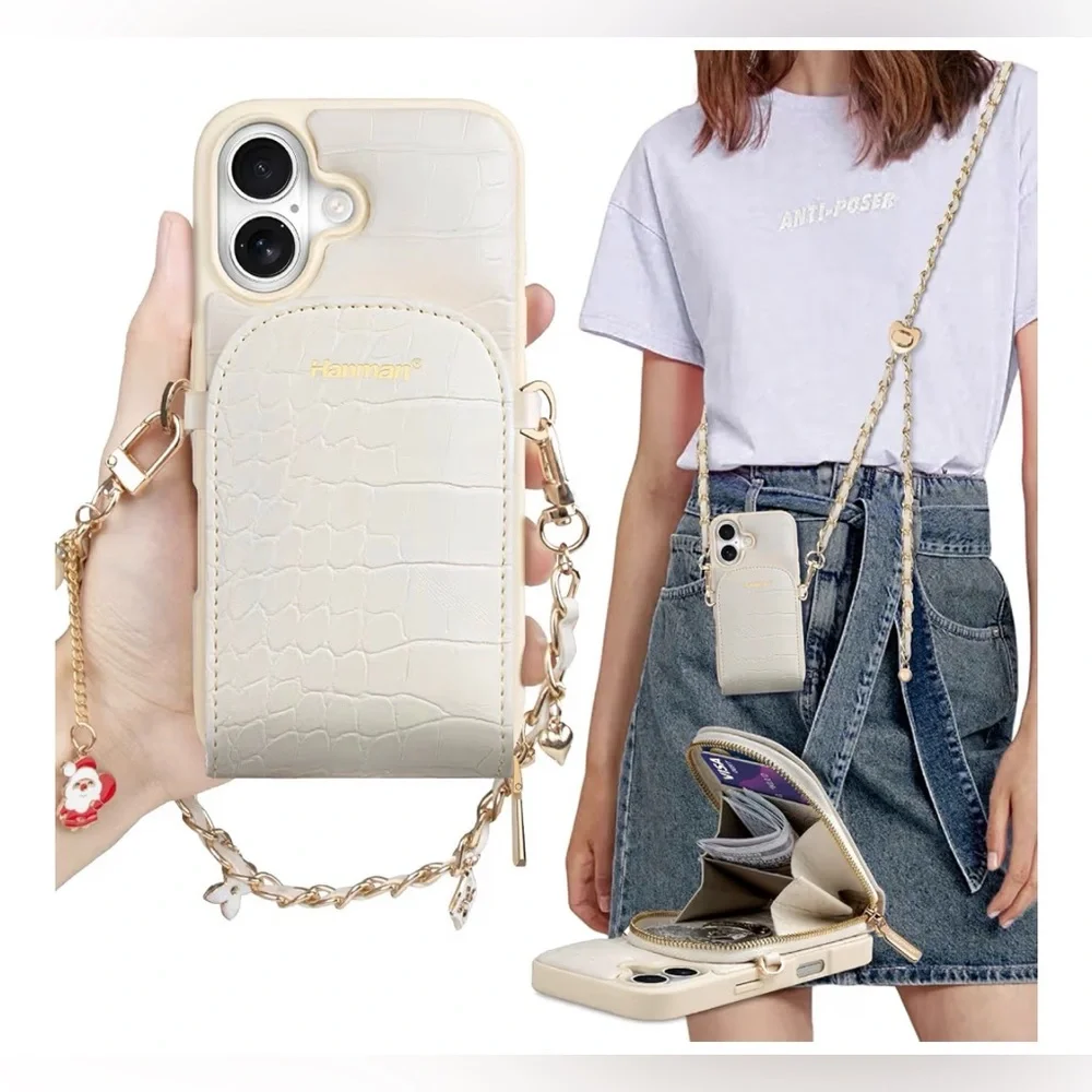 Hanman Cream Croc-Embossed Phone Case with Pouch