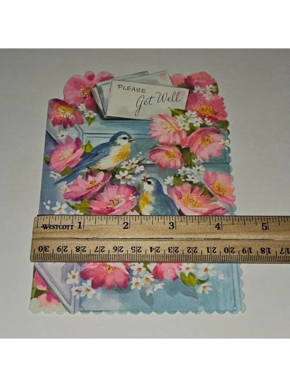 VTG Get Well Greeting Card Scalloped Edges QC Blue Birds Pink Flowers NEVER USED