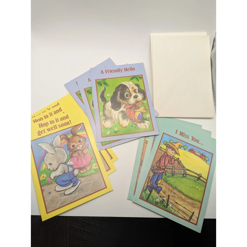 Vintage Childrens Greeting‎ Cards with Animals and Games 9 Cards with Envelopes