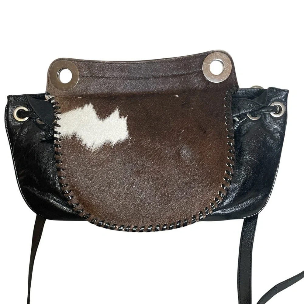 Black Leather Brown White‎ Cowhide Boho Purse Mondrina Handbag Western Cowgirl