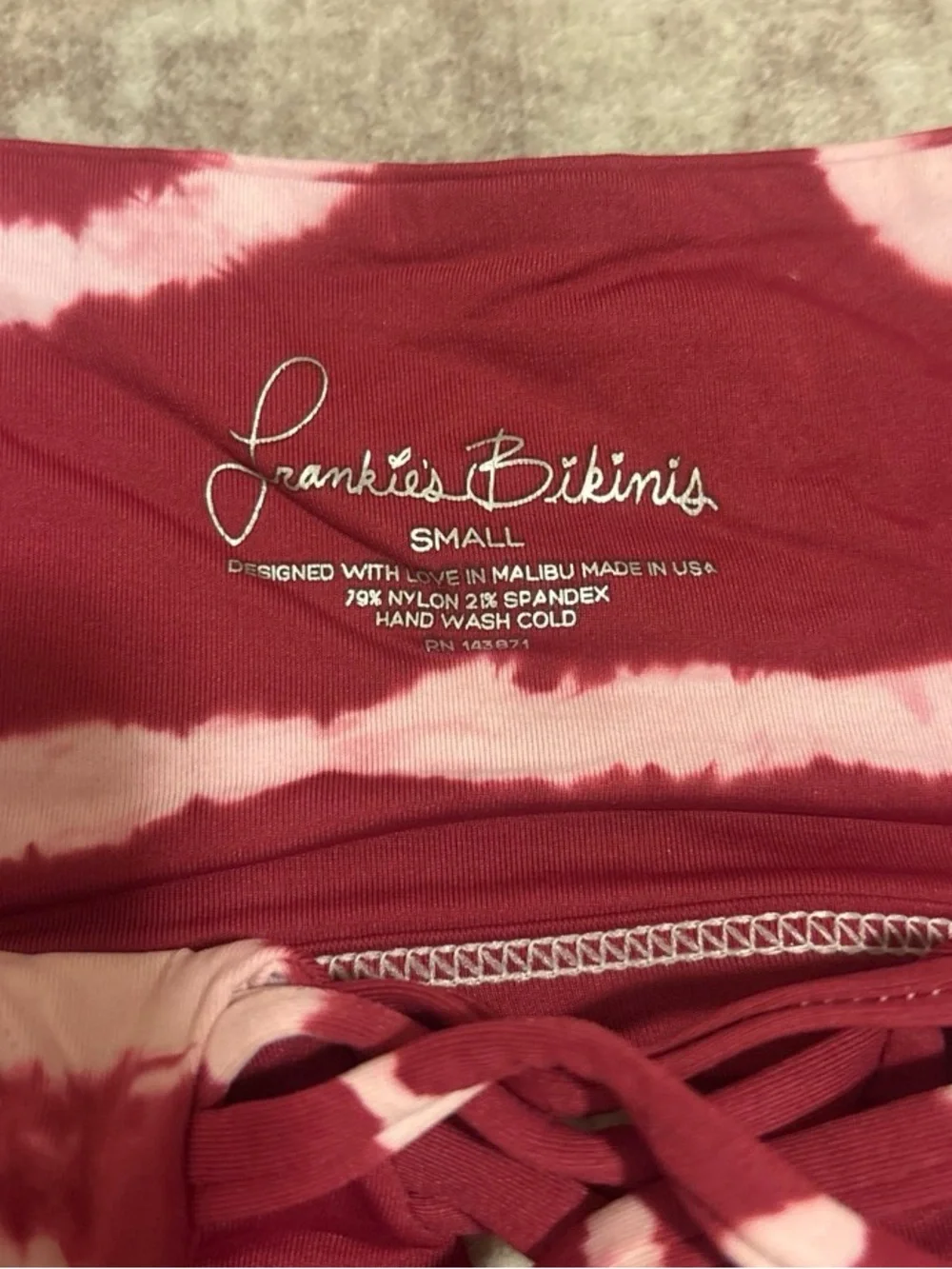 Frankie’s Bikinis Off-Shoulder Maroon Tie-Dye Swim Top and Bottom Bikini Set