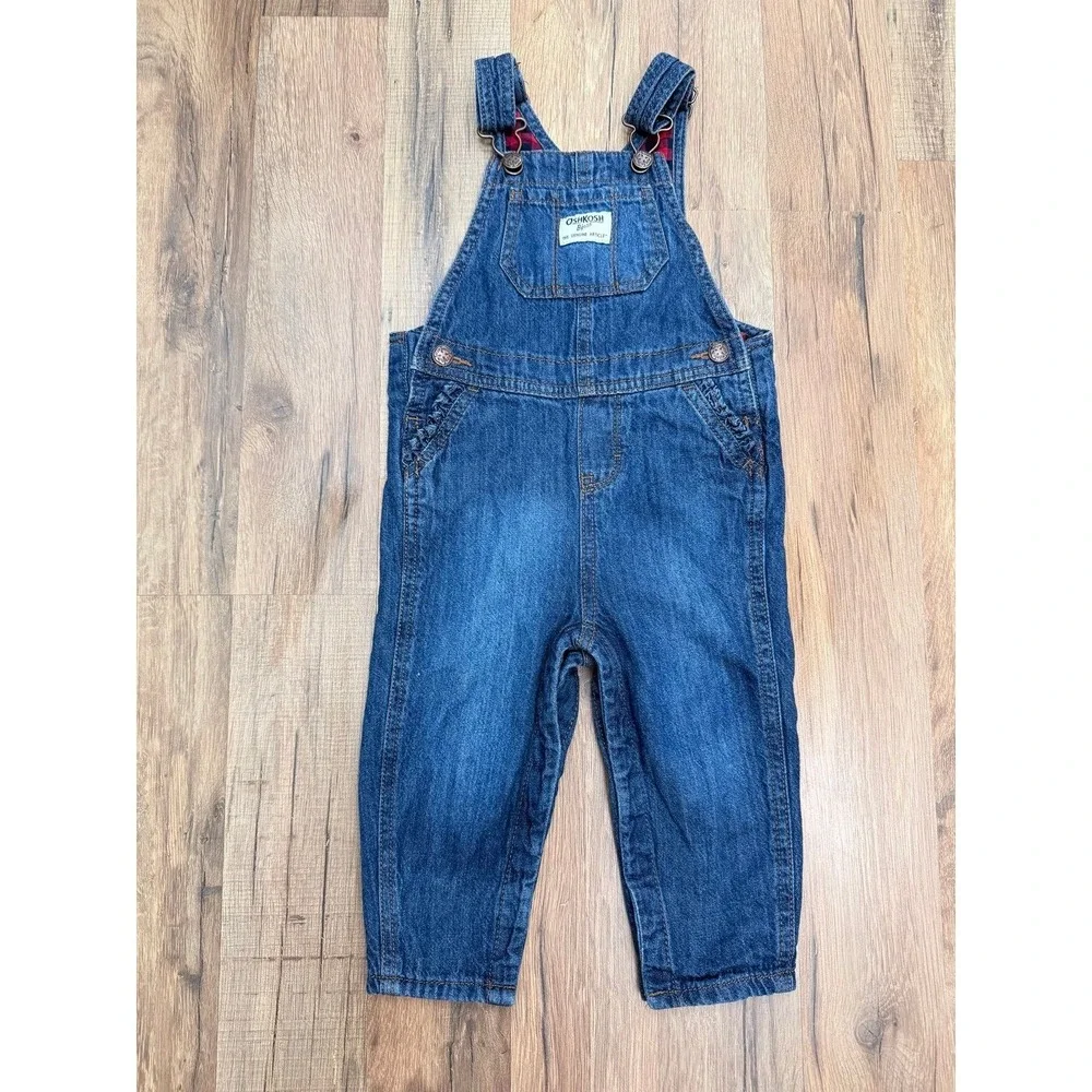 OshKosh‎ B'gosh Girls Denim Overalls Lined Buffalo Plaid – 18M