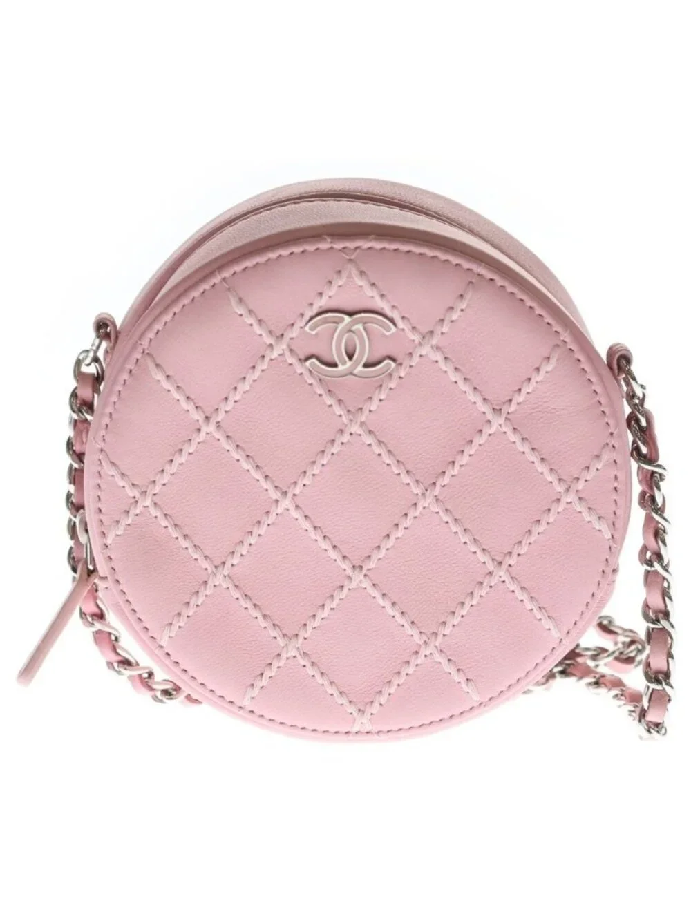 Chanel Quilted Mini Round Chain Shoulder Ultra Stitch Silver Lambskin Pink