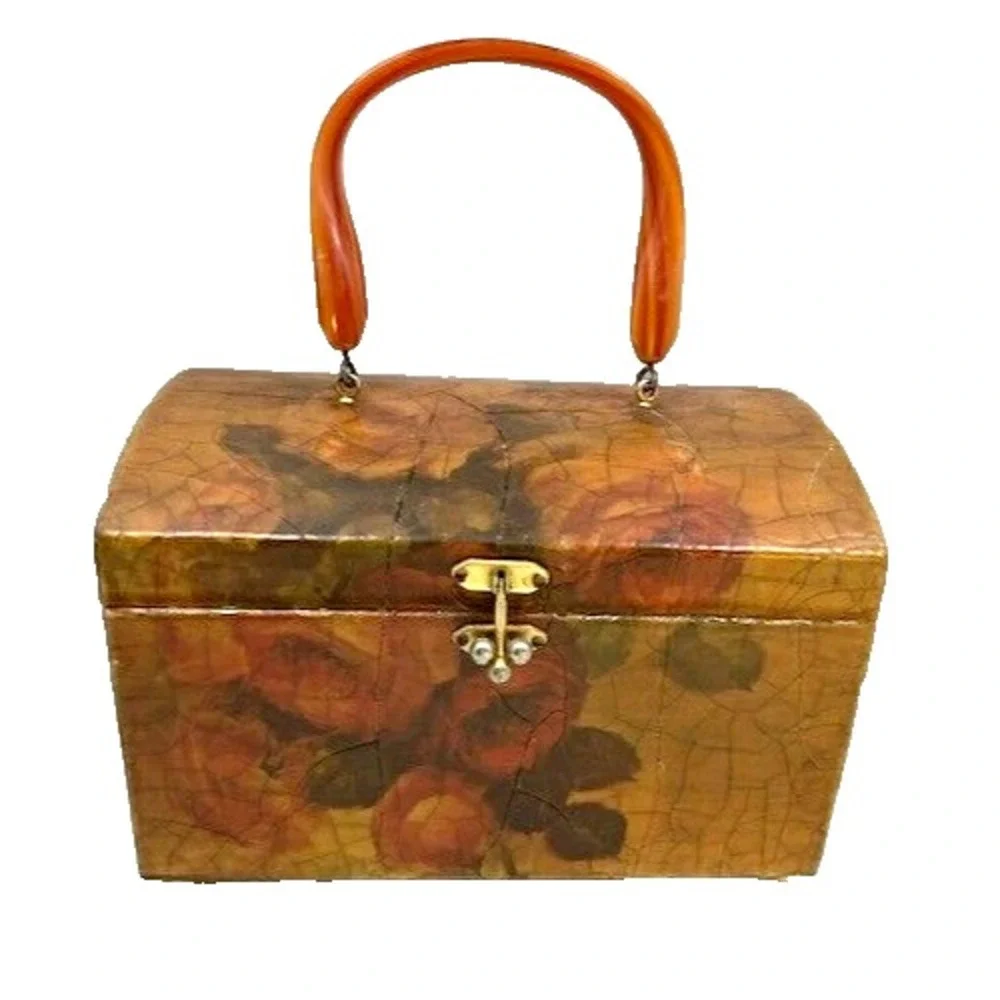 Vintage Floral Crackle Decoupage 1960s Textured‎ Wood Purse Lucite Handle