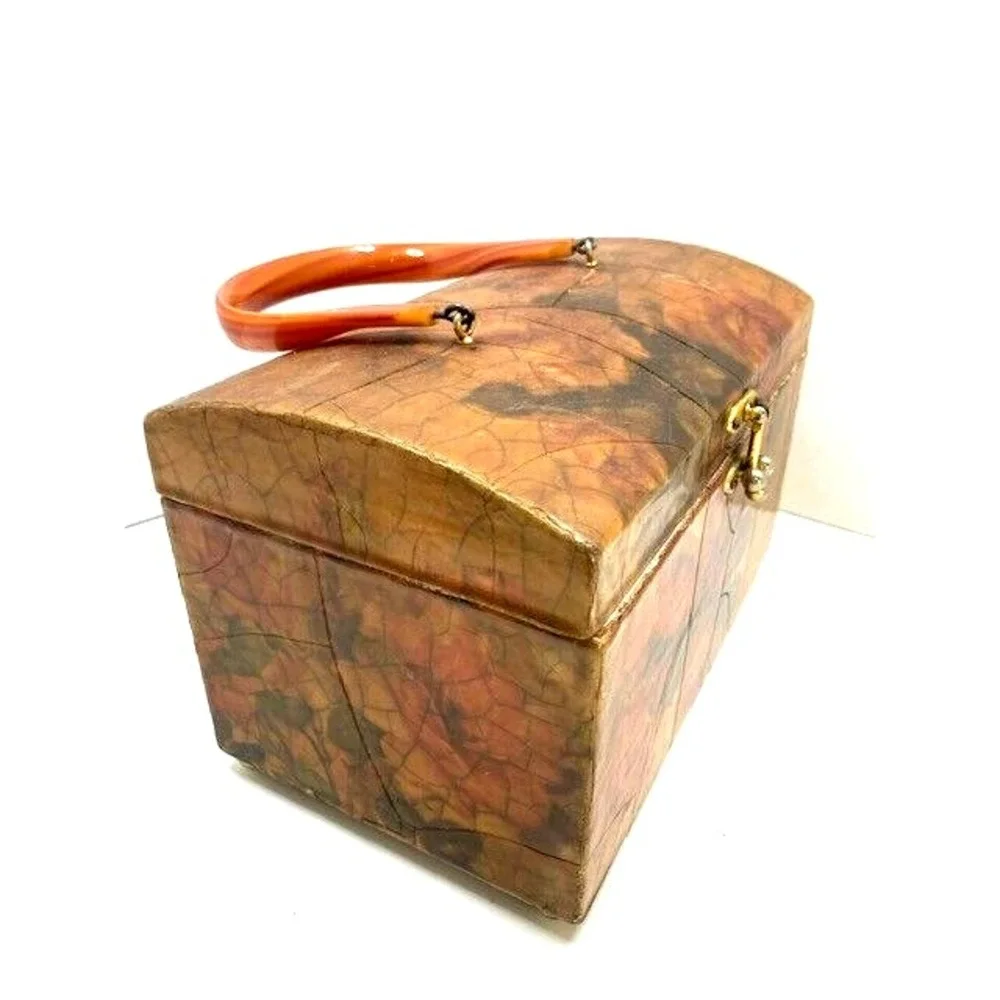 Vintage Floral Crackle Decoupage 1960s Textured‎ Wood Purse Lucite Handle