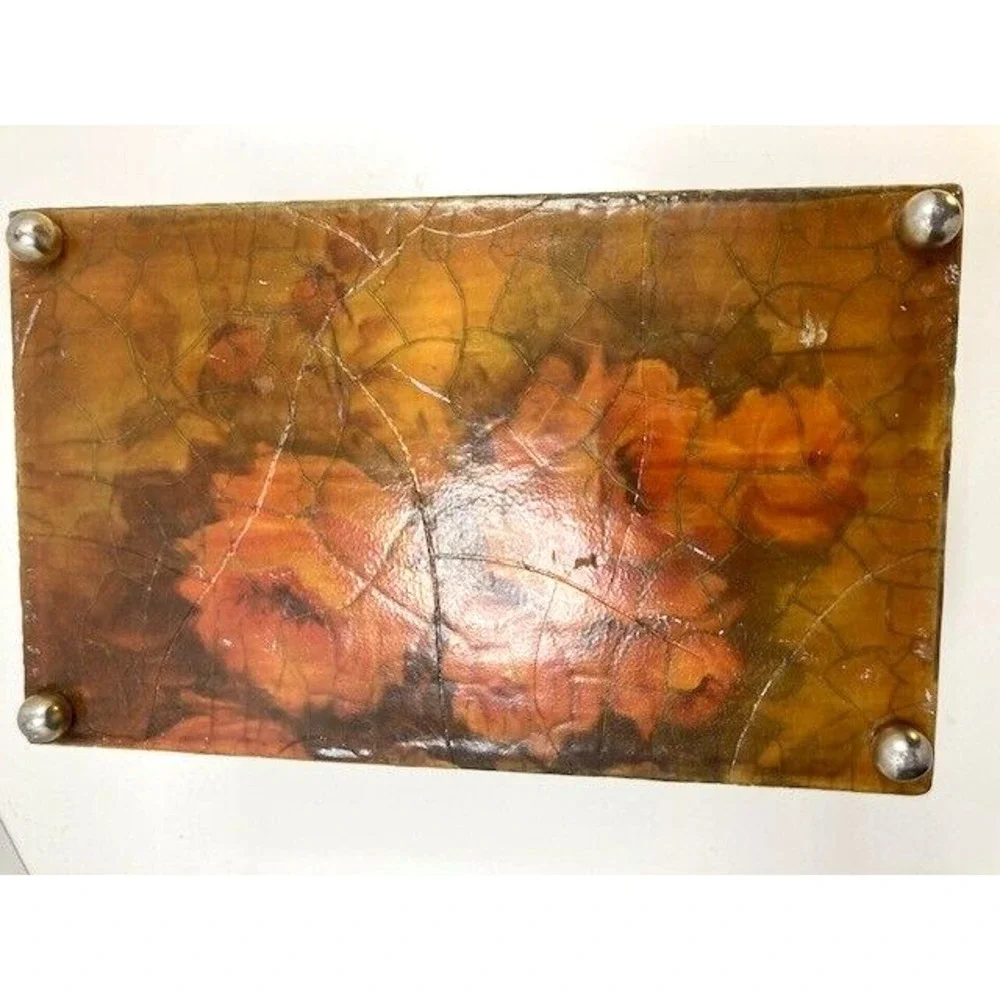 Vintage Floral Crackle Decoupage 1960s Textured‎ Wood Purse Lucite Handle