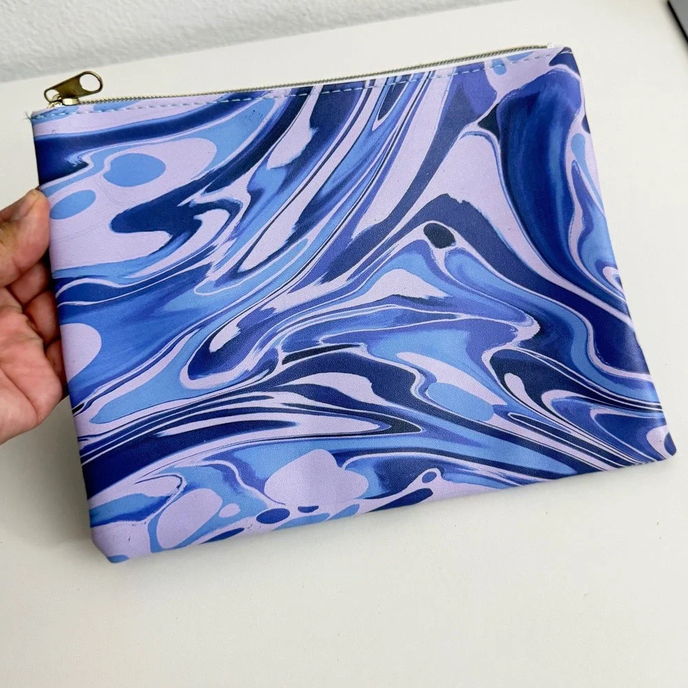Paper Source‎ Blue Purple Marble Swirl Zipper Pouch PU Leather Makeup Travel Bag