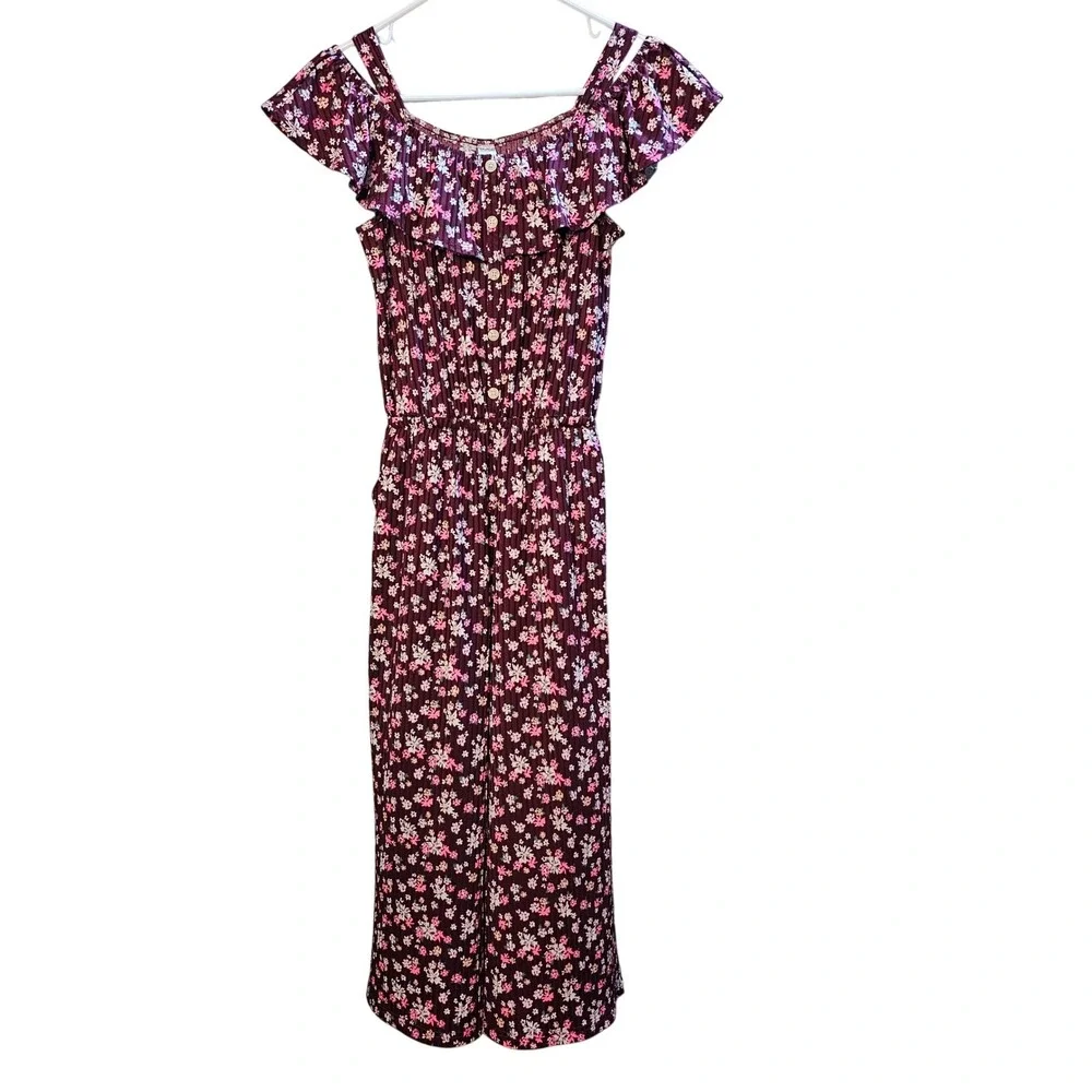 Justice Girls Floral Ribbed Jumpsuit Burgundy‎ Maroon Ruffle Wide Leg Size 12/14