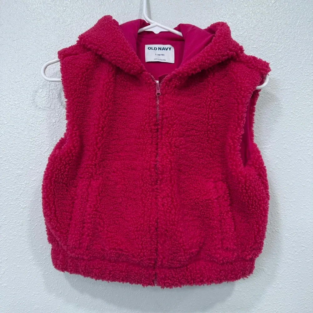 Old Navy‎ Girls Sherpa Fleece Lined Hooded Vest Pink Size Large 10-12