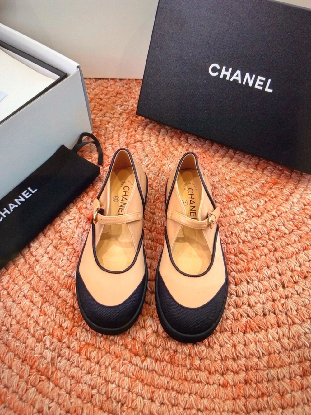 CHANEL Beige and Black Mary Jane Flats with Gold Buckle