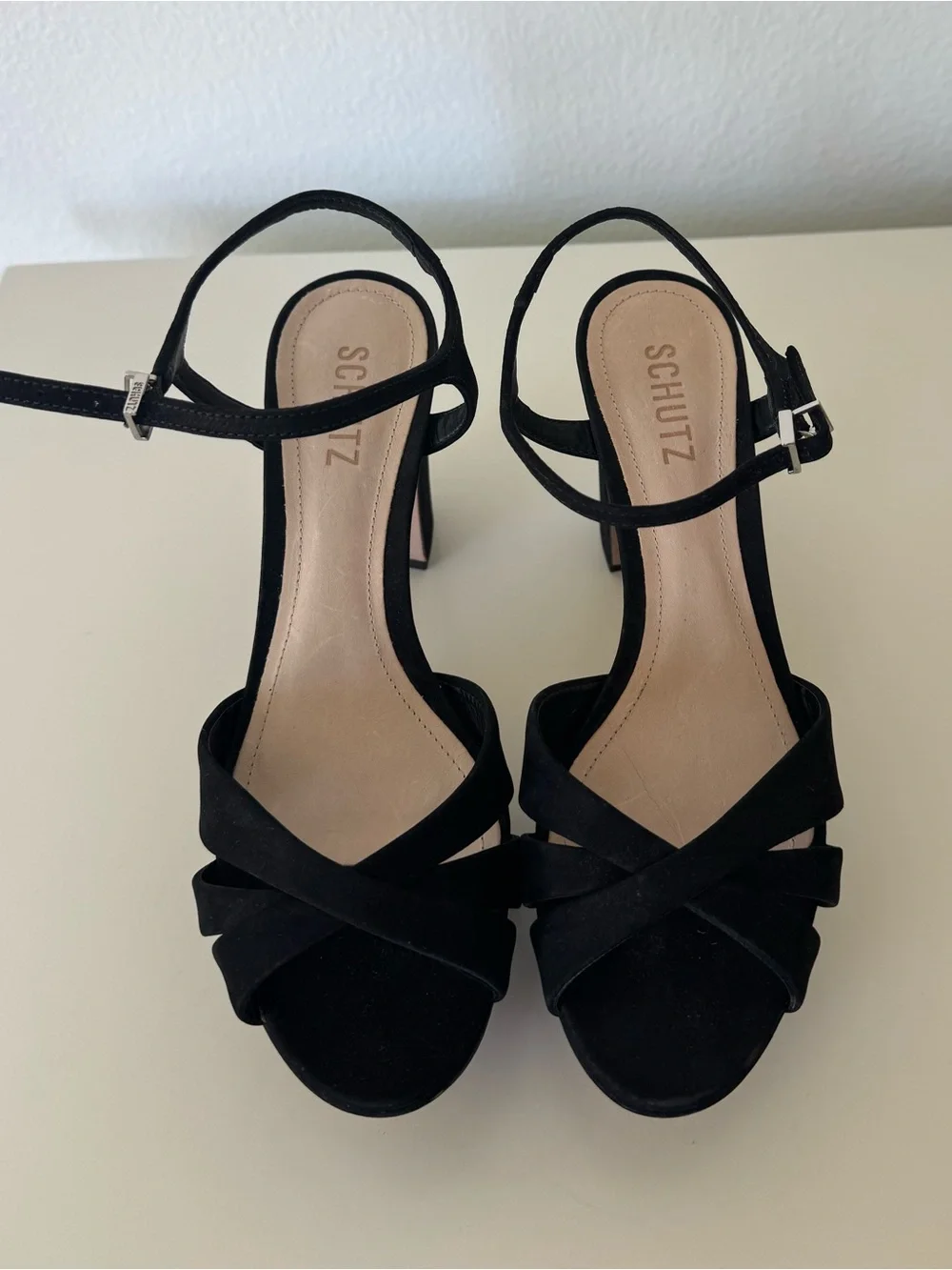 Schutz Black Keefa Suede Platform Sandals with Ankle Strap 8.5