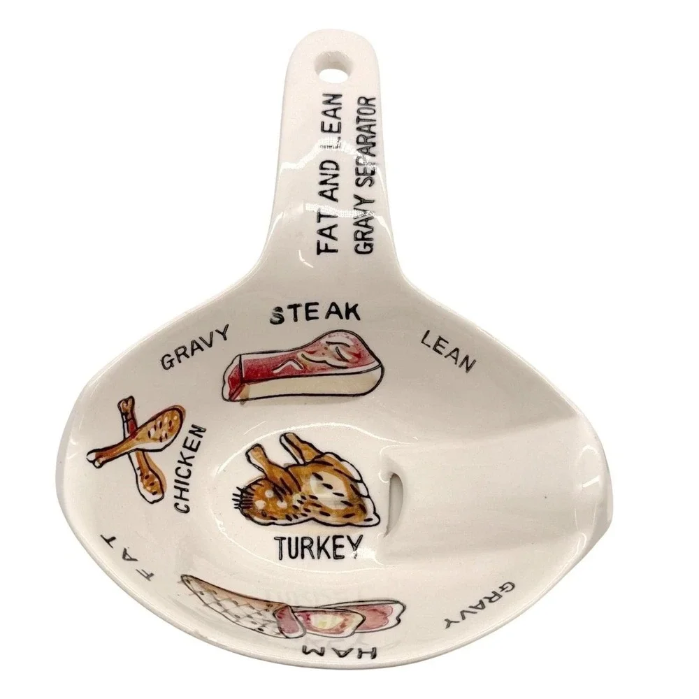 Vintage Ceramic Fat and Lean Gravy Separator Japan Yellow White Meat Graphics‎