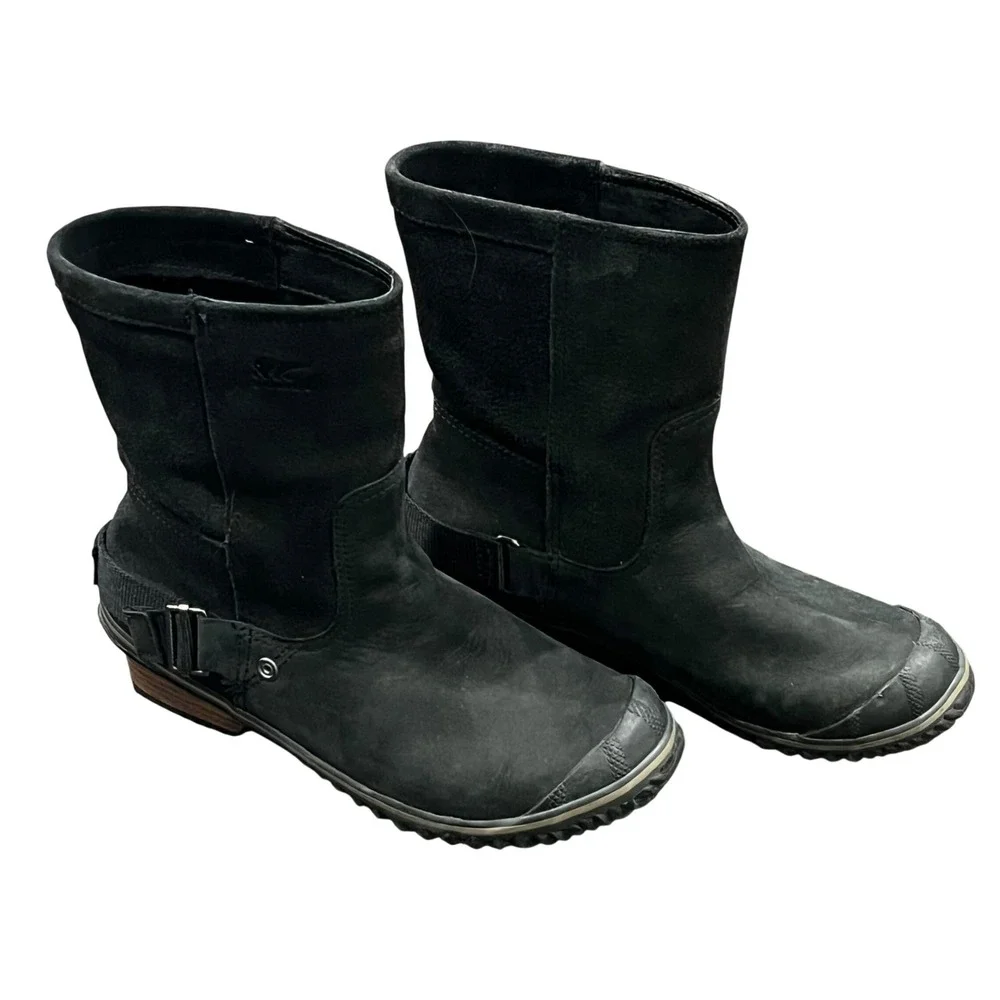 Sorel Slim Shortie Mid-Calf Boots‎ Black Leather Suede NL2107-010 Womens 8.5