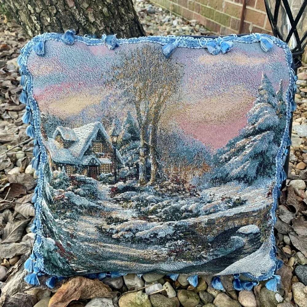 Winter‎ Cabin Tapestry Throw Pillow Winter Scene Home Decor Blue Tassels Holiday