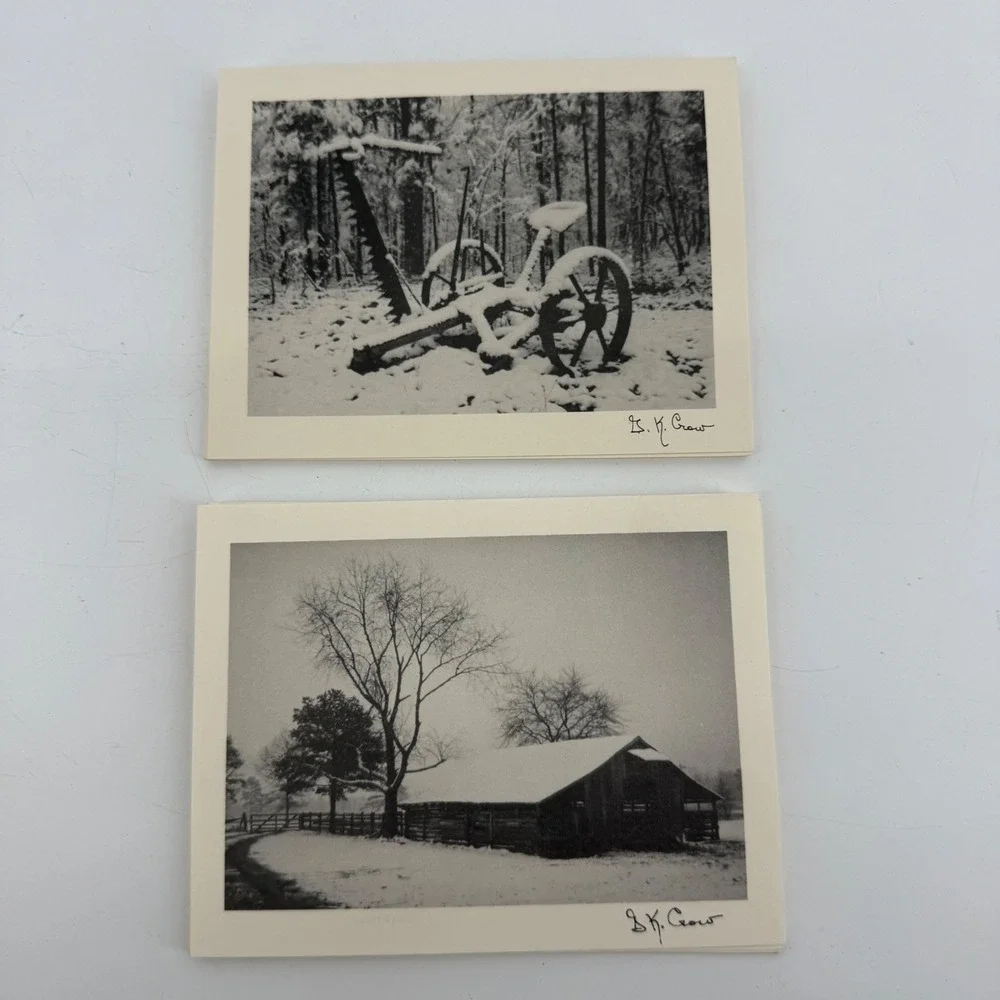 B.K. Crow Winter Landscape Blank Note Cards Set of 8 Rustic Barn‎ Farm Snow B&W
