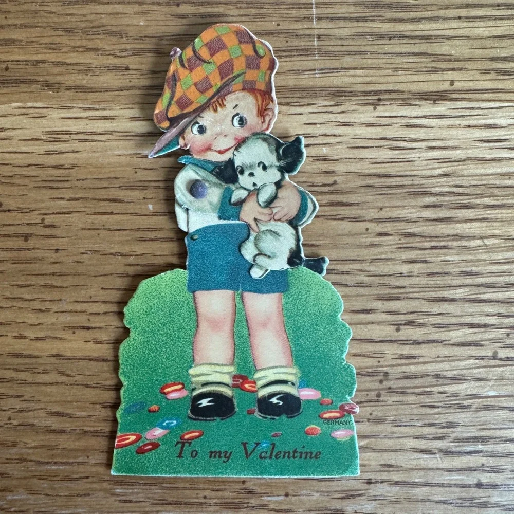 Vintage Valentine Card Boy‎ Holding Puppy Germany Lithograph Retro Collectible