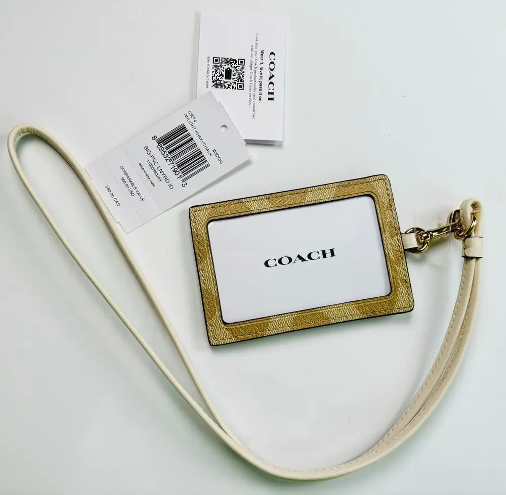 Coach Lanyard Signature Logo ID Holder NWT Coated Canvas with Leather Details