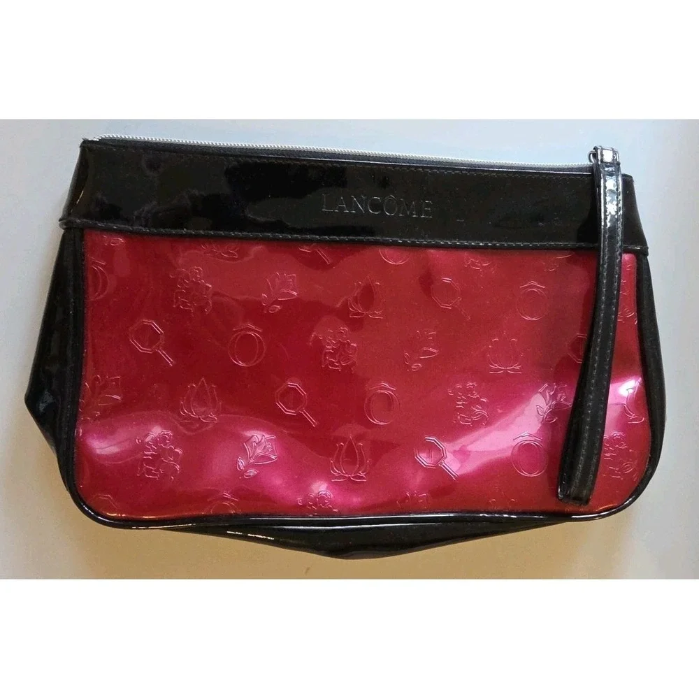 Lancome Engraved Dark‎ Red And Black Colorblock Logo Strap Zip Makeup/Travel Bag