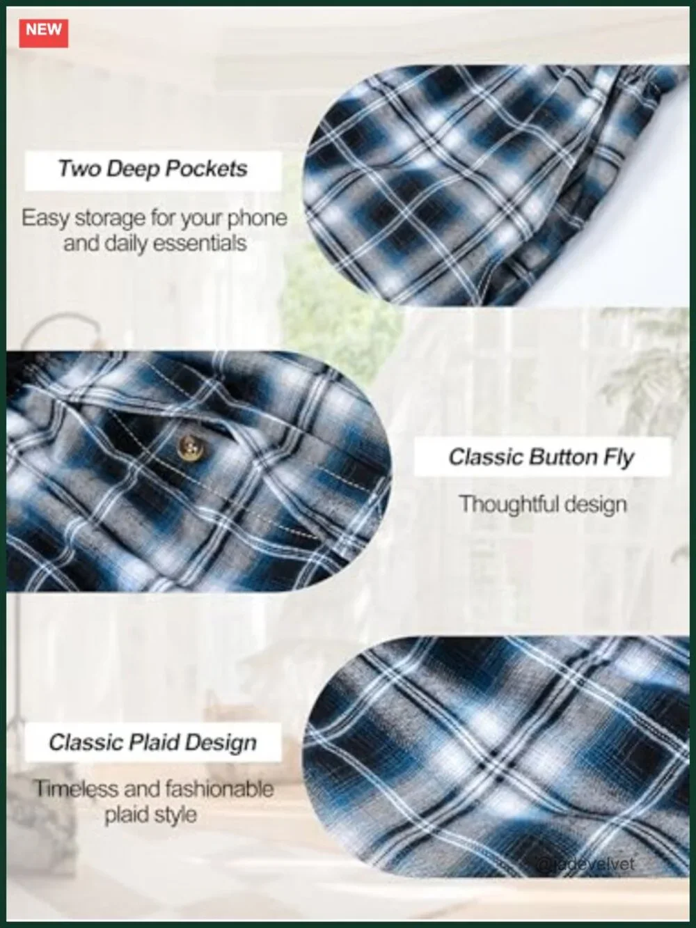 Cotton Plaid Woven Pajama Shorts with Pockets Button Fly 3-Pack Sleepwear