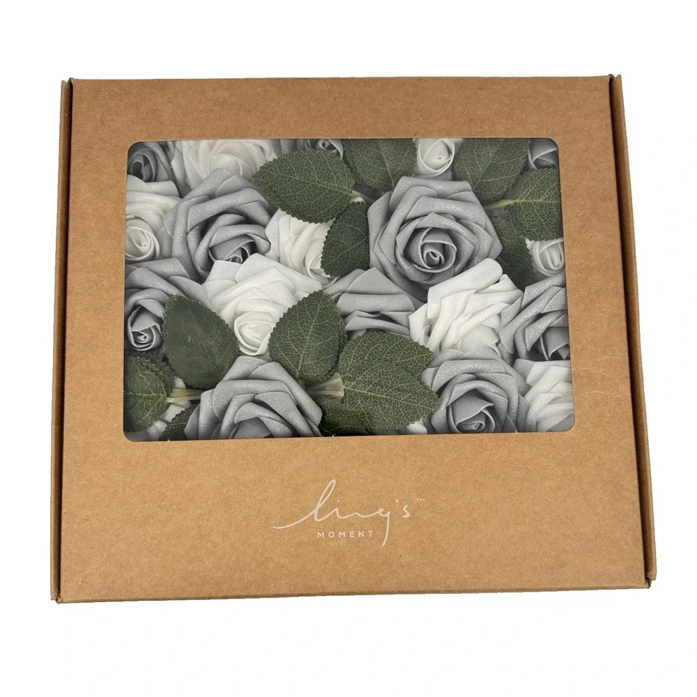 Ling's Moment 25pc Silver‎ Gray White Foam Roses 3